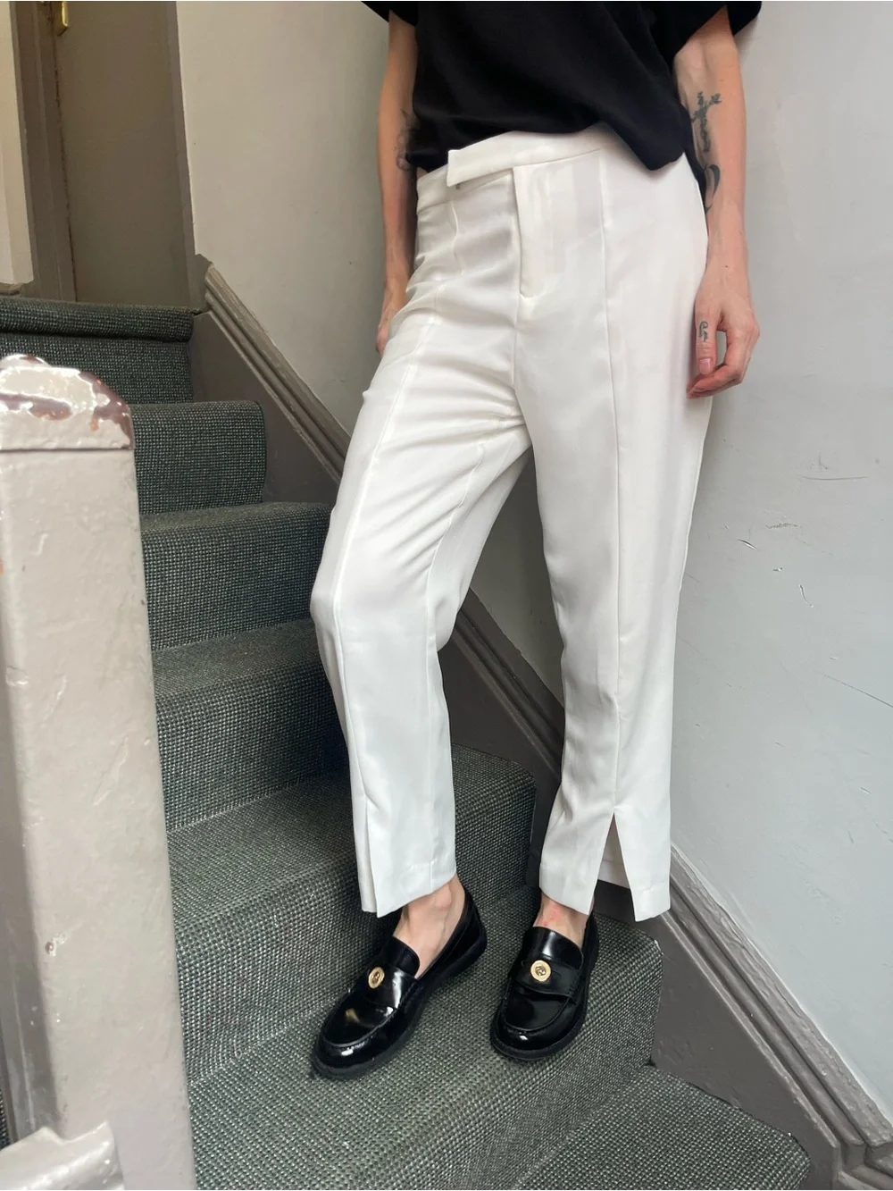 Cropped White Tailored Slit Hem Trousers